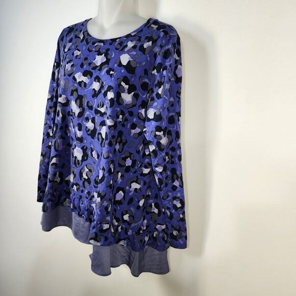 LOGO Lori Goldstein Tunic Top Womens Medium Blue Animal Print Ruffle Hem Knit - Picture 5 of 11